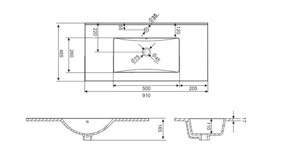 Раковина врезная HOLLER  E90 (910*465*165мм), белая