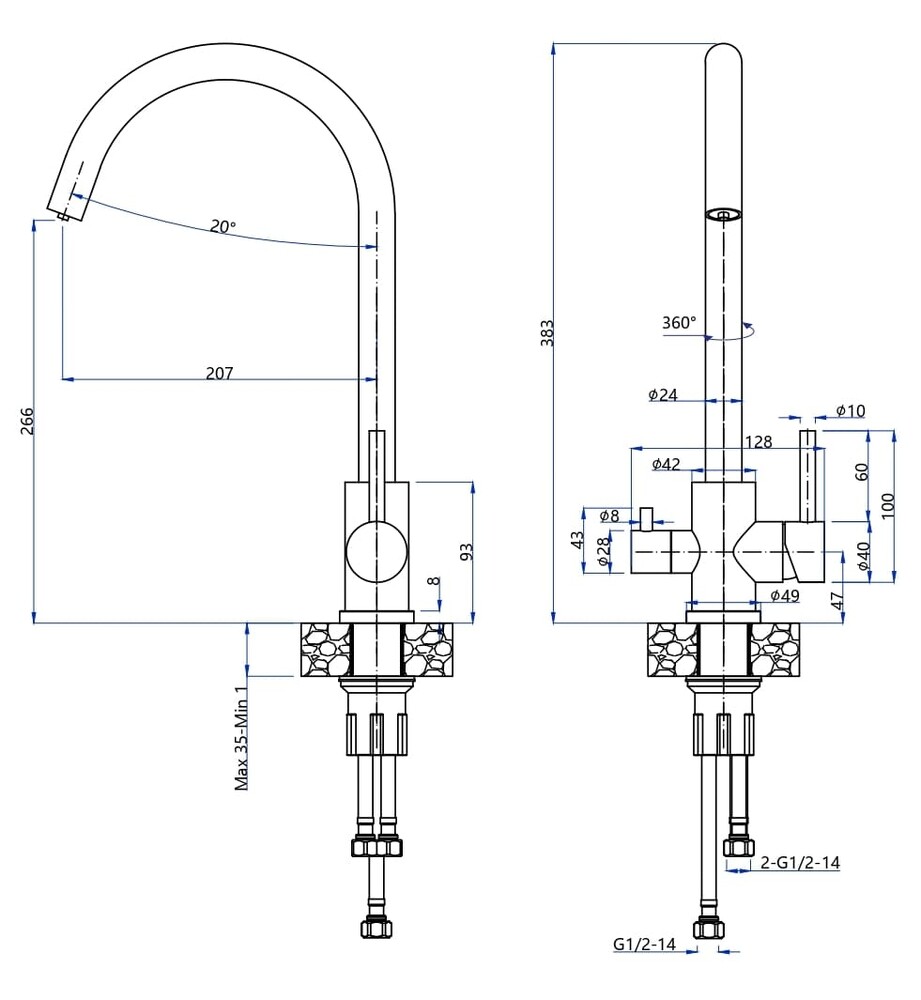 Смеситель Кухня QUARZ GRANFEST  Z-5420 d=35 U-обр. с краном питьевой воды (серый)