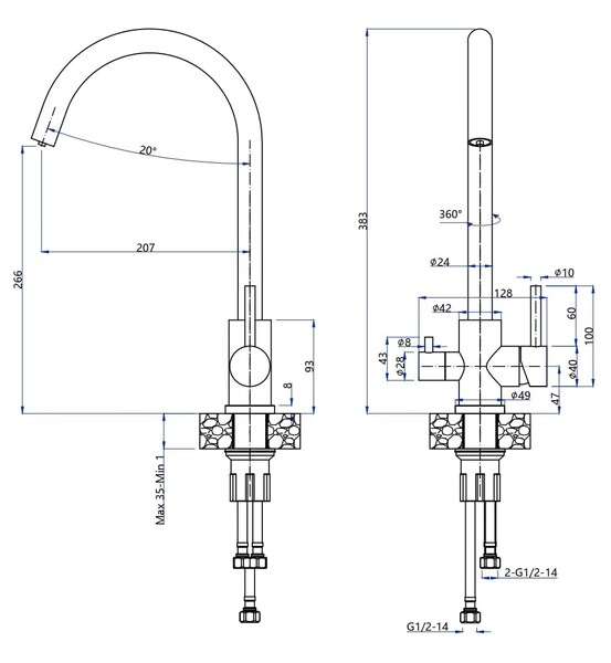 Смеситель Кухня QUARZ GRANFEST  Z-5420 d=35 U-обр. с краном питьевой воды (серый)