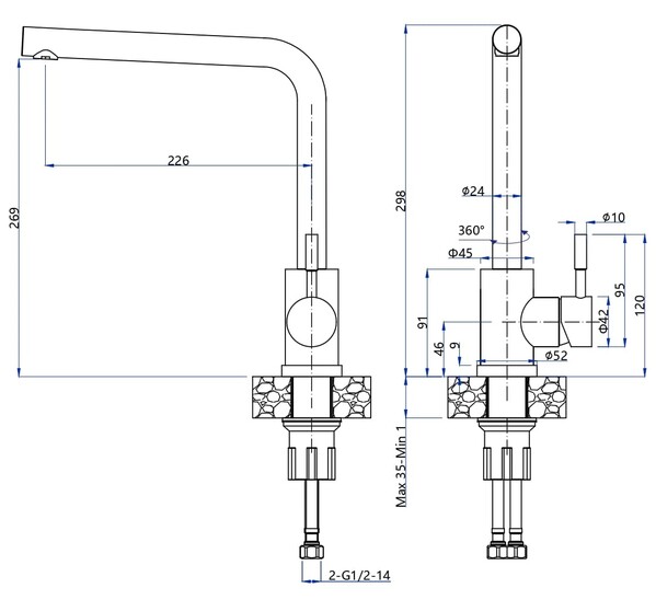 Смеситель Кухня QUARZ GRANFEST  Z-5411 d=35 Г-обр. (серый)