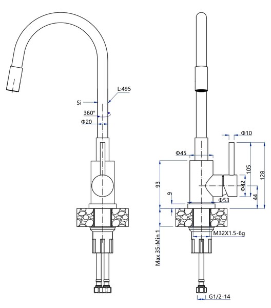 Смеситель Кухня QUARZ GRANFEST  5433 d=35 U-обр. с гибким изливом НЕРЖ