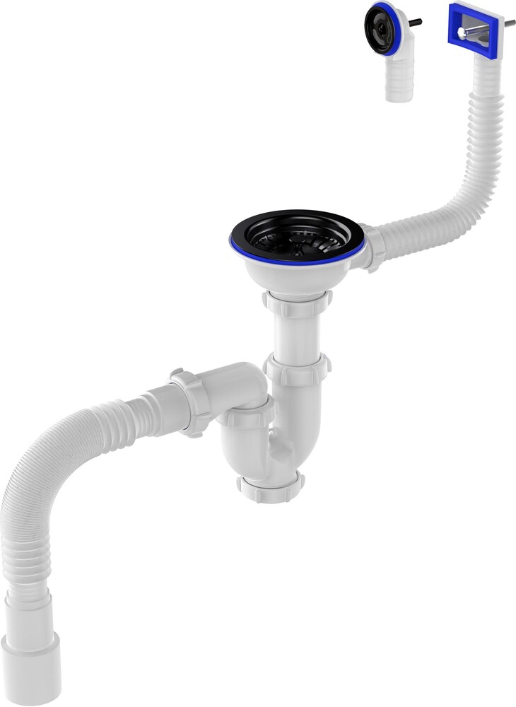 UB0188-20-MR Сифон для мойки Aquant прямоточный с ревиз. 3 1/2х40 с ЧЁРНОЙ метал. реш. с прямоуг. и круг. переливами, с гибкой трубой 40х40/50