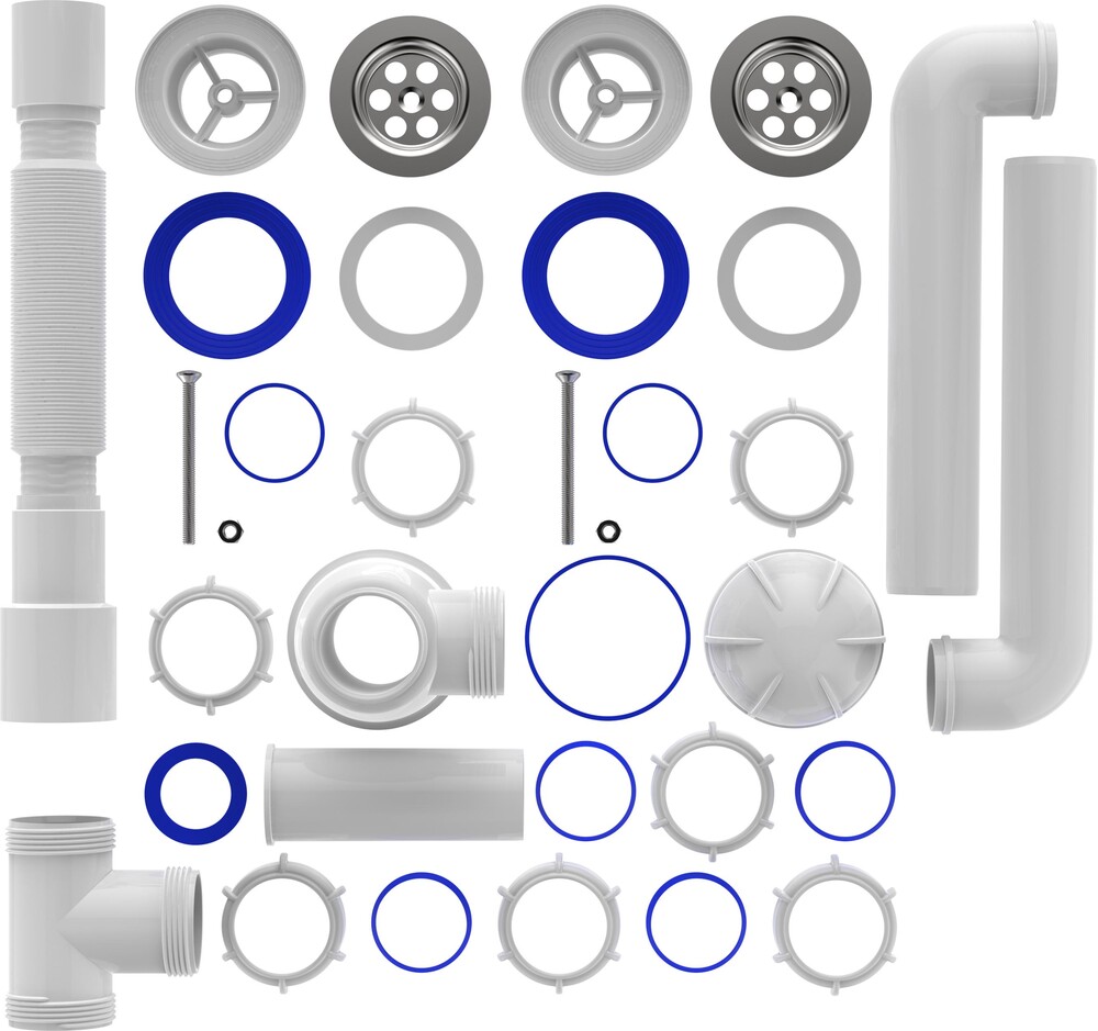 D0115-18-MR Сифон для двойных моек Aquant 1 1/2х40 метал. реш. с гибкой трубой 40х40/50