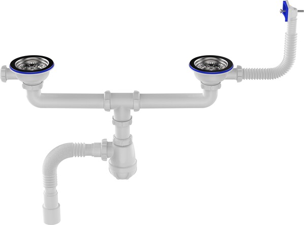 D0148-12-MR Сифон для двойных моек Aquant 3 1/2х40 метал. реш. с прямоуг. перелив., с гибкой трубой 40х40/50