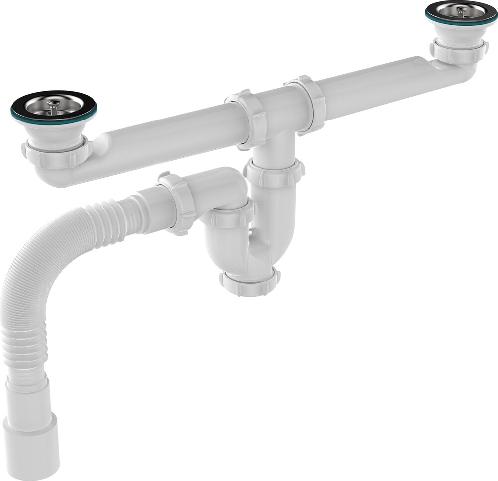 UD0115-18-MR Сифон для двойных моек Aquant прямоточный с ревиз.1 1/2х40 метал. реш. с гибкой трубой 40х40/50