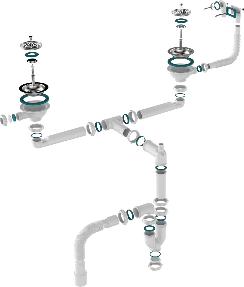 UD0181-12-MR Сифон для двойных моек Aquant прямоточн. 3 1/2х40 со смещен., метал. реш. с прямоуг. и кругл. перелив., с гибкой трубой 40х40/50