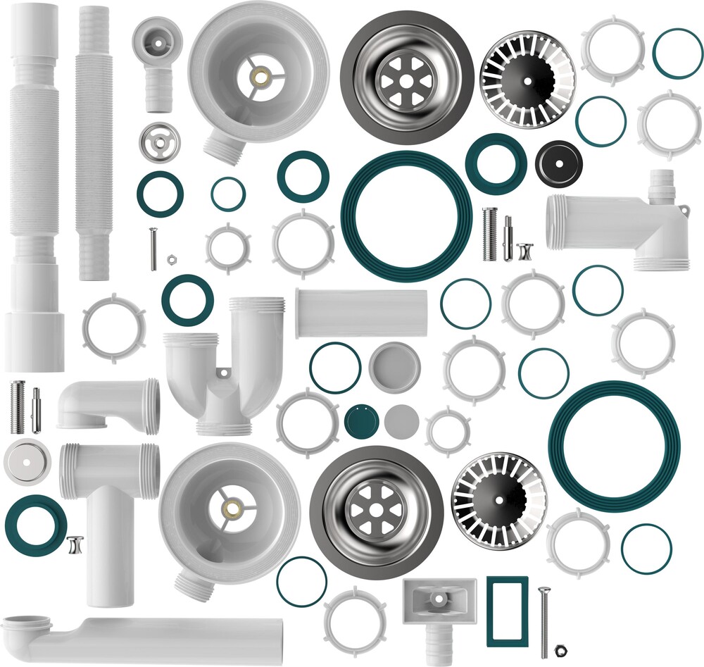 UD0181-12-MR Сифон для двойных моек Aquant прямоточн. 3 1/2х40 со смещен., метал. реш. с прямоуг. и кругл. перелив., с гибкой трубой 40х40/50