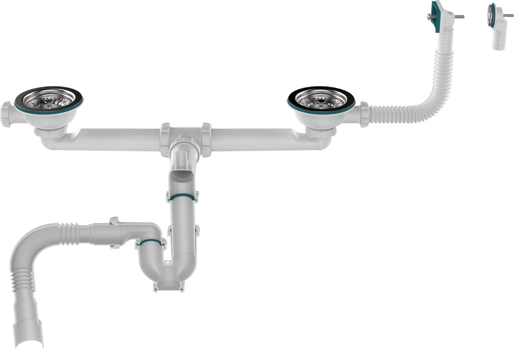 UD0181-12-MR Сифон для двойных моек Aquant прямоточн. 3 1/2х40 со смещен., метал. реш. с прямоуг. и кругл. перелив., с гибкой трубой 40х40/50