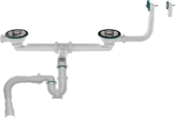 UD0181-12-MR Сифон для двойных моек Aquant прямоточн. 3 1/2х40 со смещен., метал. реш. с прямоуг. и кругл. перелив., с гибкой трубой 40х40/50