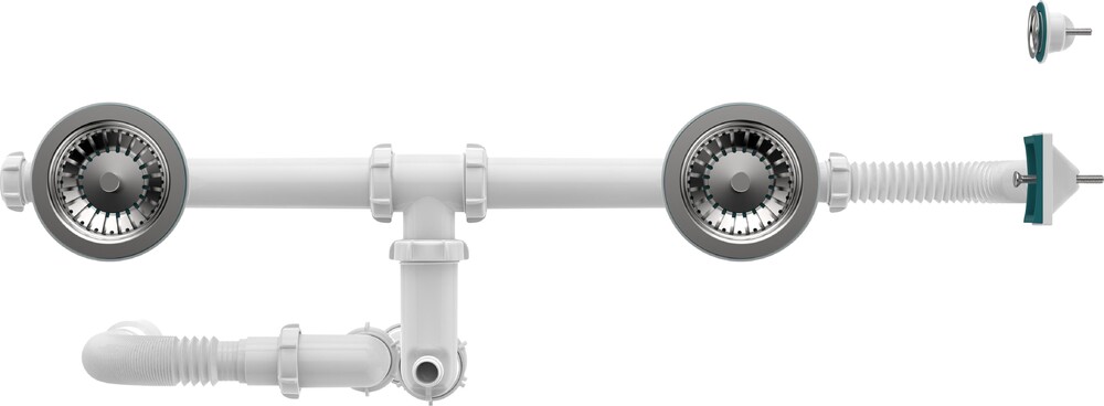 UD0181-12-MR Сифон для двойных моек Aquant прямоточн. 3 1/2х40 со смещен., метал. реш. с прямоуг. и кругл. перелив., с гибкой трубой 40х40/50