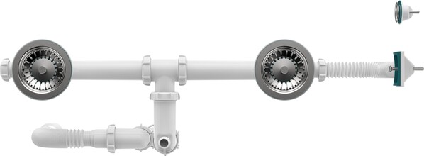 UD0181-12-MR Сифон для двойных моек Aquant прямоточн. 3 1/2х40 со смещен., метал. реш. с прямоуг. и кругл. перелив., с гибкой трубой 40х40/50