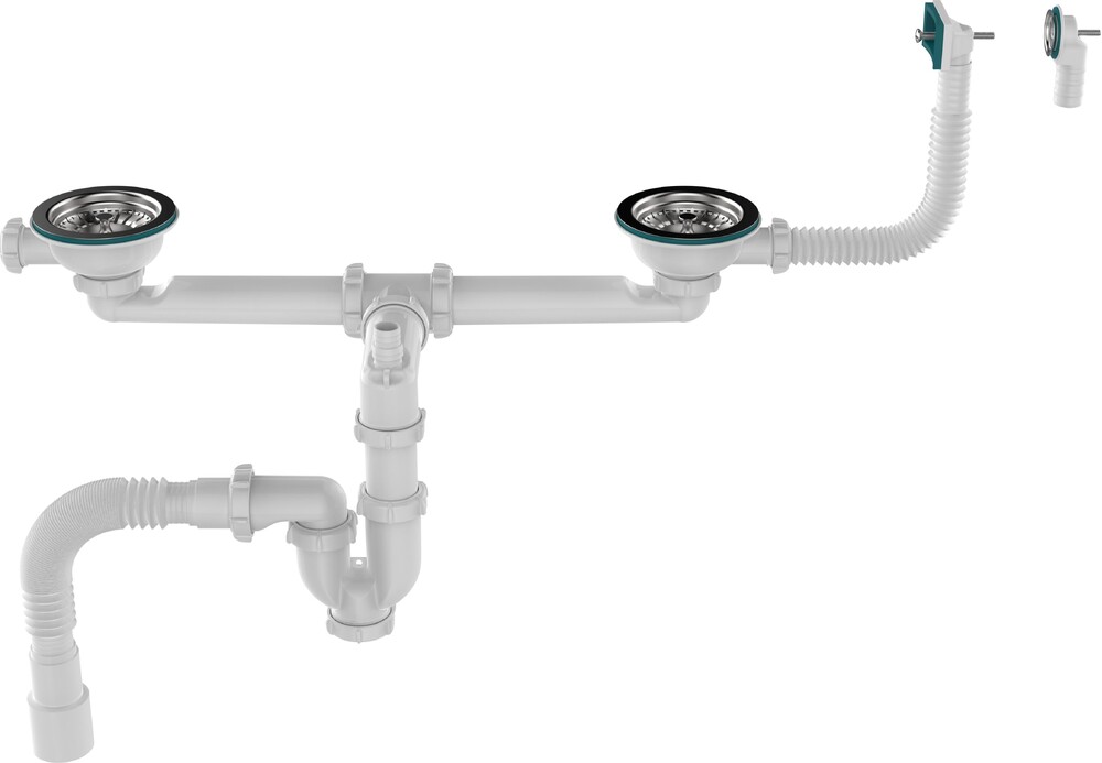UD0181-12-MR Сифон для двойных моек Aquant прямоточн. 3 1/2х40 со смещен., метал. реш. с прямоуг. и кругл. перелив., с гибкой трубой 40х40/50