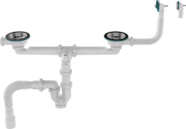 UD0181-12-MR Сифон для двойных моек Aquant прямоточн. 3 1/2х40 со смещен., метал. реш. с прямоуг. и кругл. перелив., с гибкой трубой 40х40/50