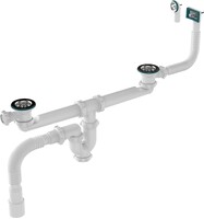 UD0195-18-MR Сифон для двойных моек Aquant прямоточный с ревиз.1 1/2х40 метал. реш., с прямоуг./кругл. переливами, с гибкой трубой 40х40/50