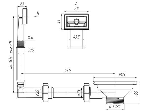 N305S Перелив АНИ Пласт для мойки 3 1/2 гибкий с прямоуг. выходом