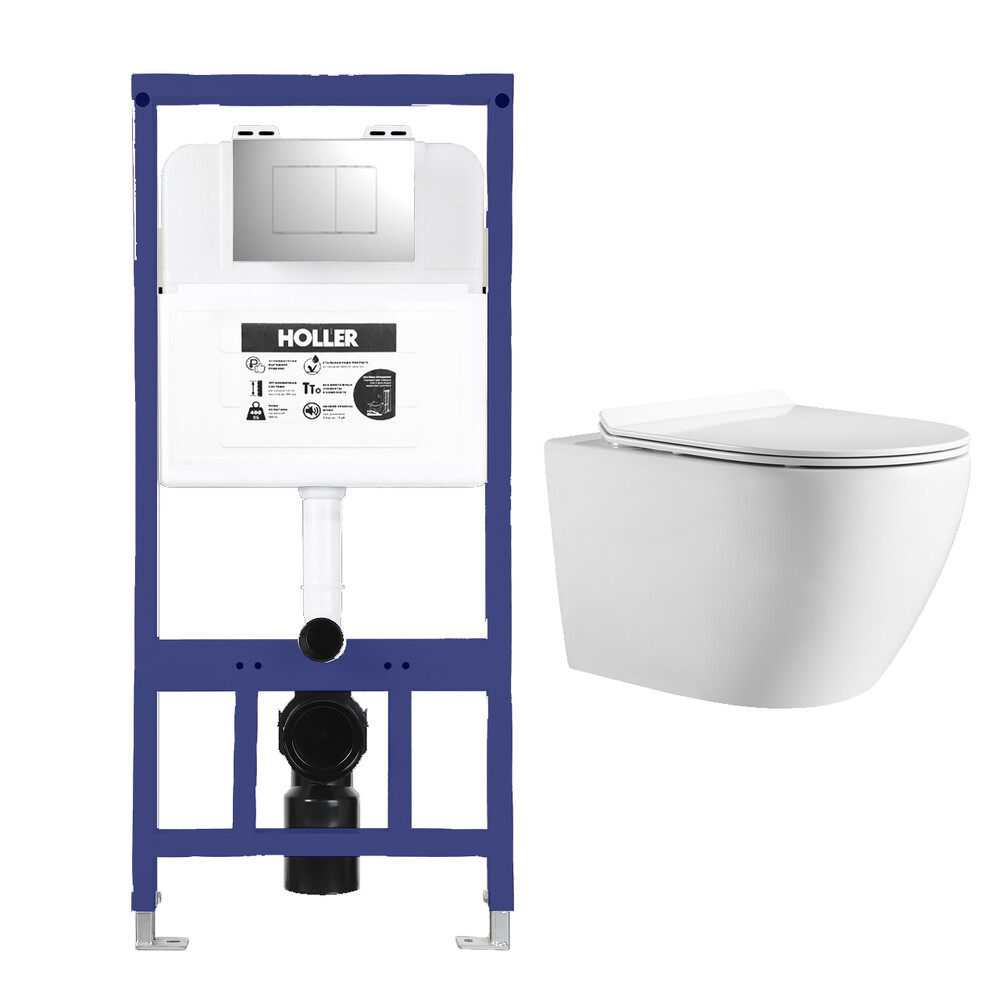  Инсталляция HOLLER MQ102 (комплект 3 в 1) + Унитаз подвесной безободковый HOLLER WALL,белый  + Клавиша смыва HOLLER GPE, хром
