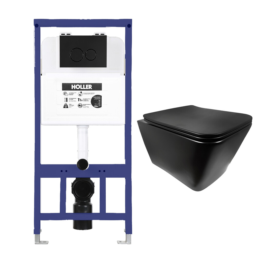  Инсталляция HOLLER MQ102 (комплект 3 в 1) + Унитаз подвесной безободковый HOLLER BLOCK MB, черный матовый  + Клавиша смыва HOLLER MBR, черный матовый