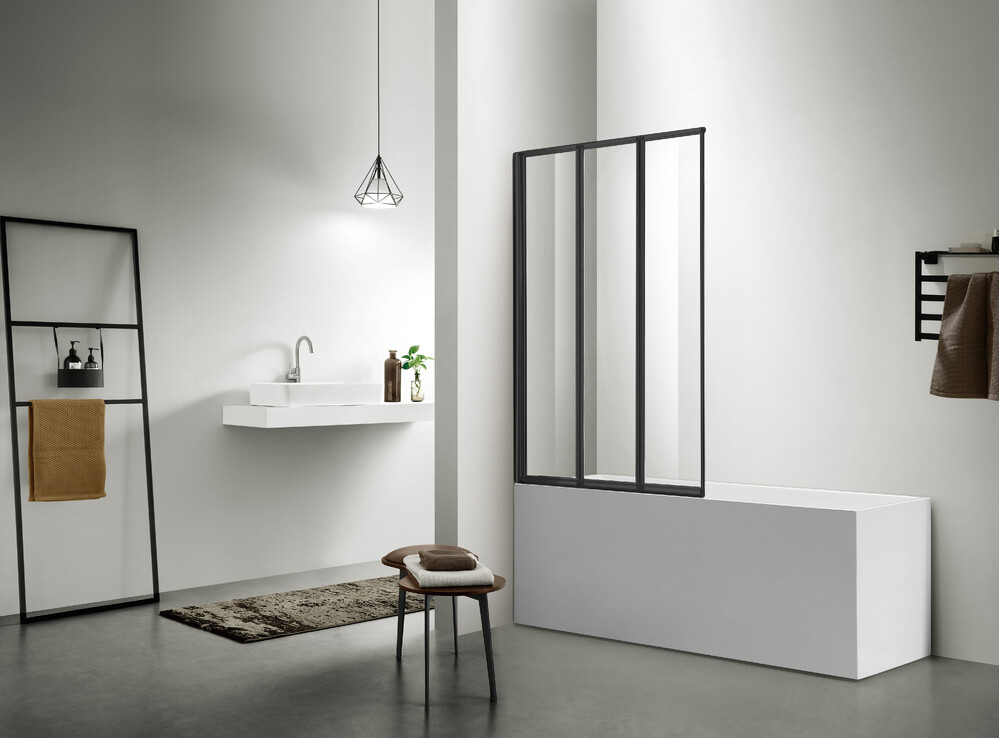 Шторка для ванны SANTREK AQUA Slim SD3-1000-С-Matt Black (складная, три секции, р-р:1000*1400 стекло Прозр. 4 мм, профиль  Черный)