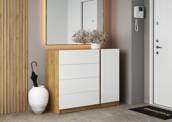 БОСТОН Комод КМ-001 (МДФ Комплект) Корпус - Дуб Крафт золотой  Фасад МДФ - глянцевая Белый ЭЧ987 КАТЕГОРИЯ А