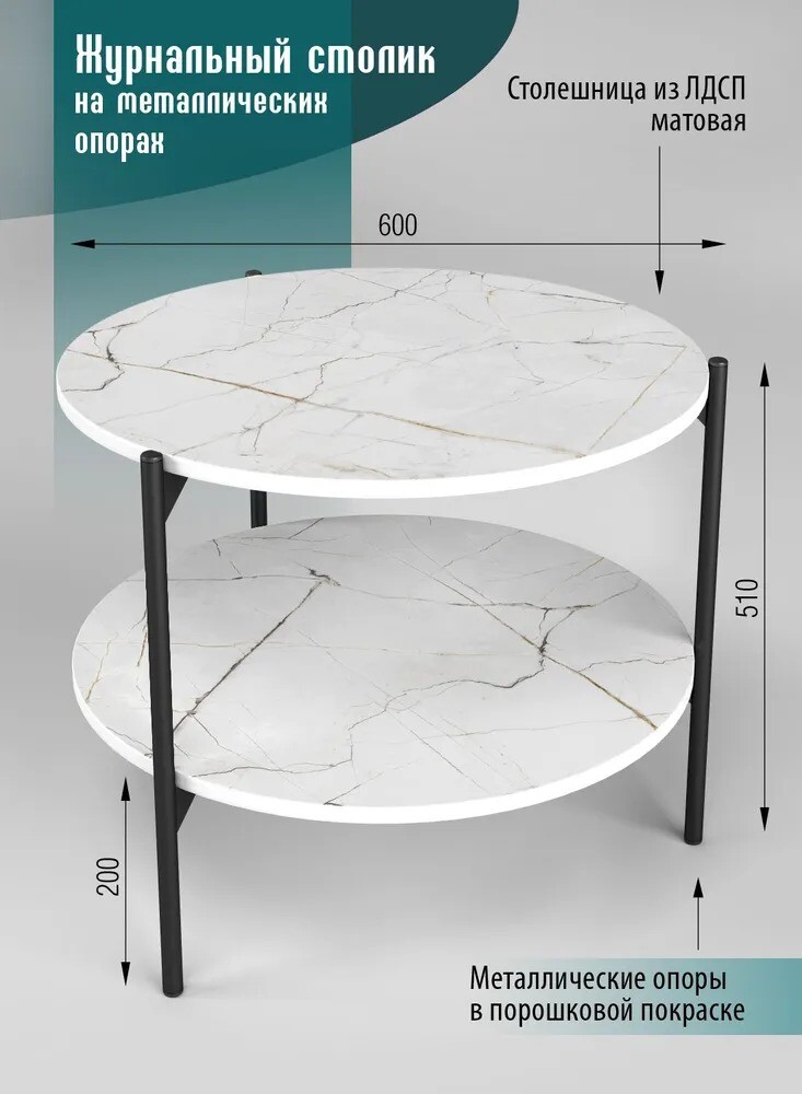 Журнальный столик SANTREK HOME «Шафран» ЛДСП В РАЗБОРЕ Белый/Черный 600*600*510