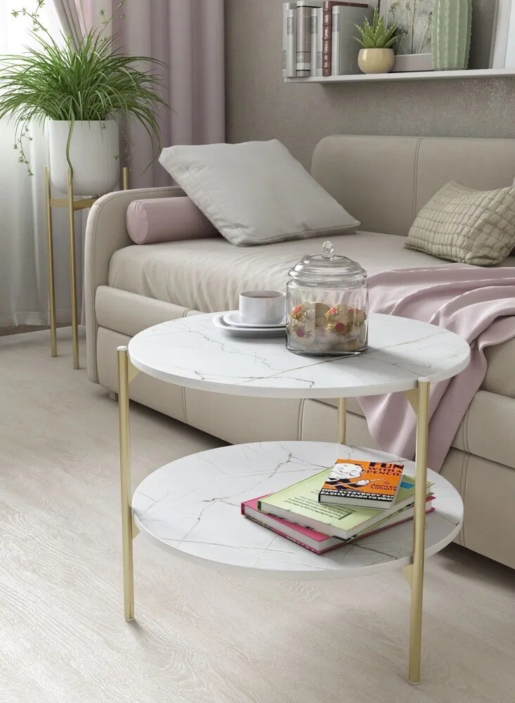 Журнальный столик SANTREK HOME «Шафран» ЛДСП В РАЗБОРЕ Белый/Золото 600*600*510