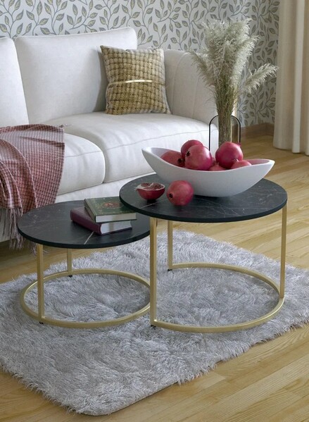 Журнальные столики SANTREK HOME «Дуэт» ЛДСП (комплект 2 шт.) Черный/Золото 600*600*470 и 500*500*400