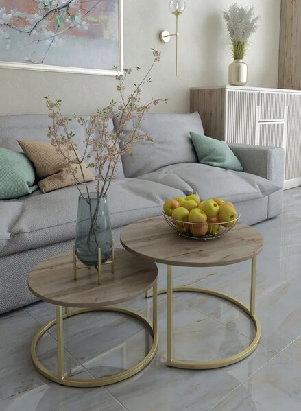 Журнальные столики SANTREK HOME «Дуэт» ЛДСП (комплект 2 шт.) Дуб Ватан/Золото 600*600*470 и 500*500*400