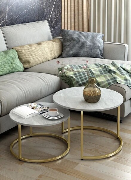 Журнальные столики SANTREK HOME «Дуэт» ЛДСП (комплект 2 шт.) Гранит/Золото 600*600*470 и 500*500*400