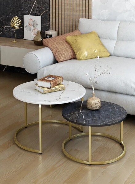 Журнальные столики SANTREK HOME «Дуэт» ЛДСП (комплект 2 шт.) Белый-Черный Мрамор/Золото 600*600*470 и 500*500*400