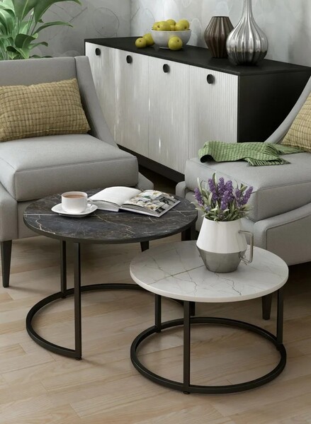 Журнальные столики SANTREK HOME «Дуэт» ЛДСП (комплект 2 шт.) Инь Янь/Черный 600*600*470 и 500*500*400