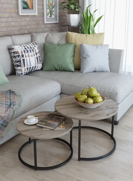 Журнальные столики SANTREK HOME «Дуэт» ЛДСП (комплект 2 шт.) Дуб Ватан/Черный 600*600*470 и 500*500*400