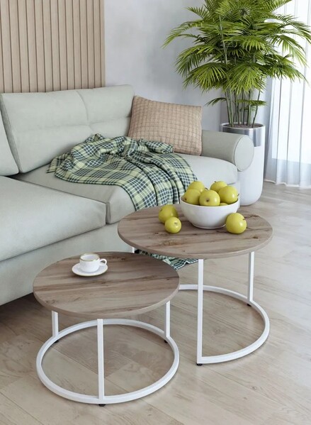 Журнальные столики SANTREK HOME «Дуэт» ЛДСП (комплект 2 шт.) Дуб Ватан/Белый 600*600*470 и 500*500*400