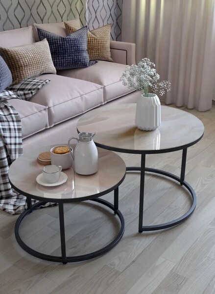 Журнальные столики SANTREK HOME «Дуэт» СТЕКЛО (комплект 2 шт.) Нежность/Черный, 600*600*400 и 500*500*300