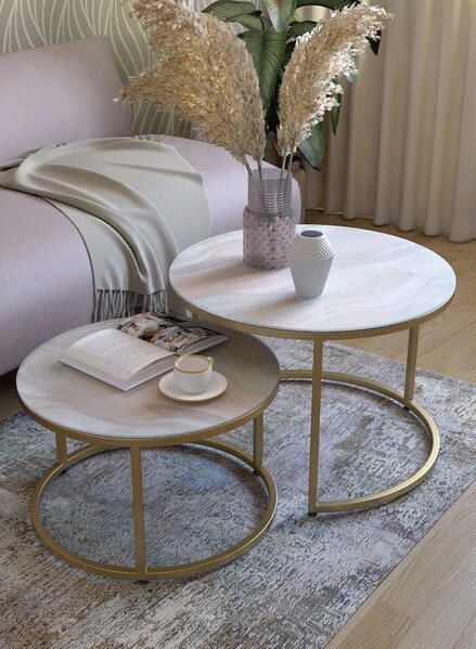 Журнальные столики SANTREK HOME «Дуэт» СТЕКЛО (комплект 2 шт.) Нежность/Золото, 600*600*400 и 500*500*300