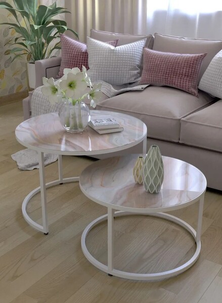 Журнальные столики SANTREK HOME «Дуэт» СТЕКЛО (комплект 2 шт.) Нежность/Белый, 600*600*400 и 500*500*300