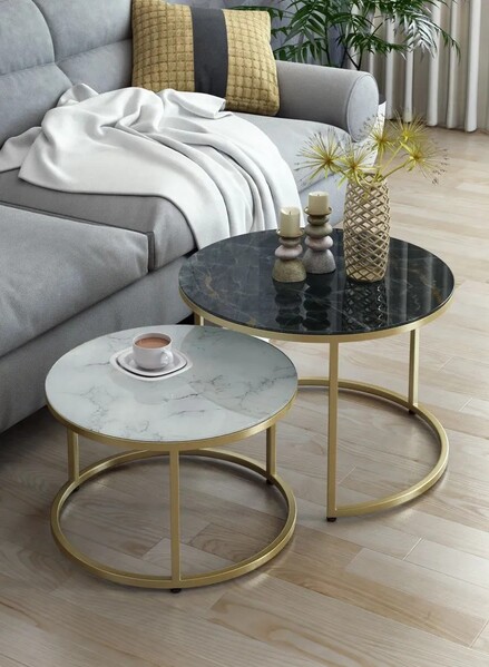 Журнальные столики SANTREK HOME «Дуэт» СТЕКЛО (комплект 2 шт.) Инь Янь/Золото, 600*600*400 и 500*500*300