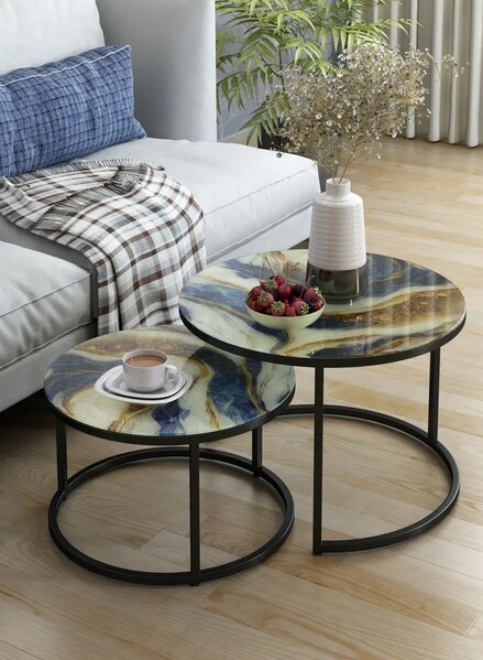 Журнальные столики SANTREK HOME «Дуэт» СТЕКЛО (комплект 2 шт.) Золотая река/Черный, 600*600*400 и 500*500*300