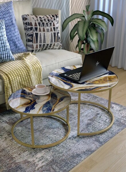 Журнальные столики SANTREK HOME «Дуэт» СТЕКЛО (комплект 2 шт.) Золотая река/Золото, 600*600*400 и 500*500*300