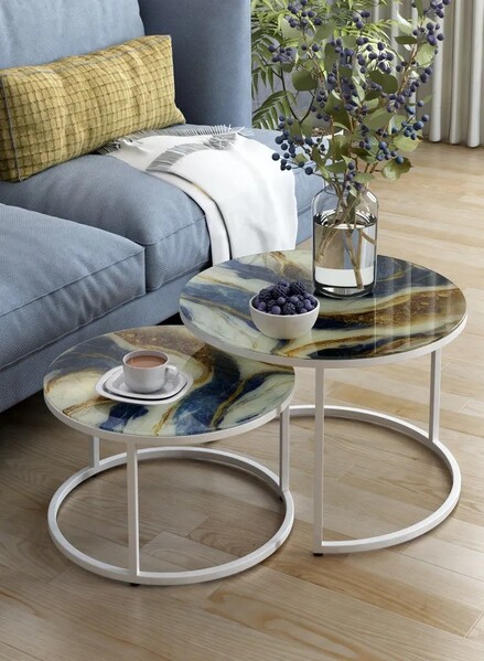 Журнальные столики SANTREK HOME «Дуэт» СТЕКЛО (комплект 2 шт.) Золотая река/Белая, 600*600*400 и 500*500*300