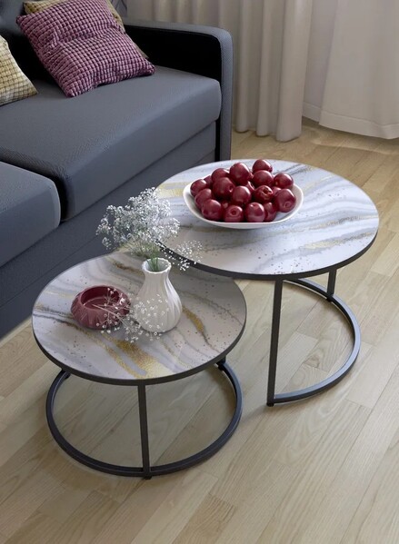 Журнальные столики SANTREK HOME «Дуэт» СТЕКЛО (комплект 2 шт.) Звездный путь/Черный, 600*600*400 и 500*500*300   