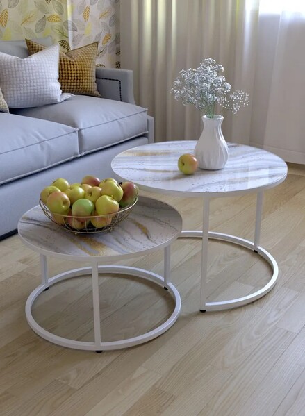 Журнальные столики SANTREK HOME «Дуэт» СТЕКЛО (комплект 2 шт.) Звездный путь/Белый, 600*600*400 и 500*500*300