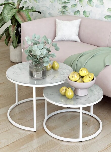 Журнальные столики SANTREK HOME «Дуэт» СТЕКЛО (комплект 2 шт.) Белый/Белый, 600*600*400 и 500*500*300