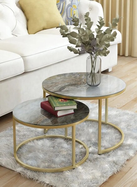 Журнальные столики SANTREK HOME «Дуэт» СТЕКЛО (комплект 2 шт.) Бежевый/Золото, 600*600*400 и 500*500*300