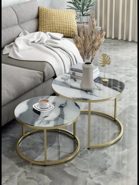 Журнальные столики SANTREK HOME «Дуэт» СТЕКЛО (комплект 2 шт.) Белый Черный/Золото, 600*600*400 и 500*500*300