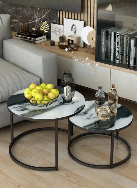 Журнальные столики SANTREK HOME «Дуэт» СТЕКЛО (комплект 2 шт.) Белый Черный/Черный, 600*600*400 и 500*500*300