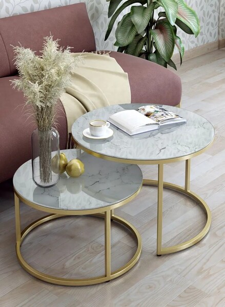 Журнальные столики SANTREK HOME «Дуэт» СТЕКЛО (комплект 2 шт.) Белый / Золото, 600*600*400 и 500*500*300