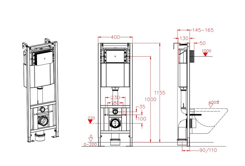 Инсталляция рамная скрытого монтажа D&K DI8540116, 400*165*1160мм (комплект 2 в 1) + клавиша Черный матовый  