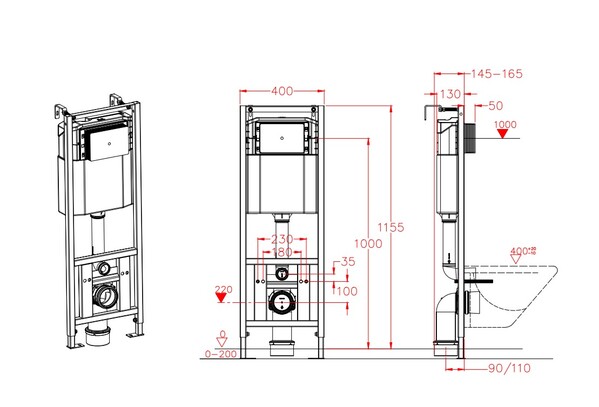 Инсталляция рамная скрытого монтажа D&K DI8140116, 400*165*1160мм (комплект 2 в 1) + клавиша Хром   СНИЖЕНА ЦЕНА !!!