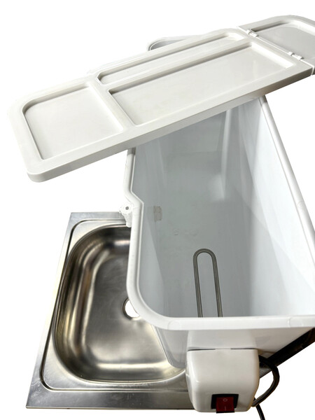 Умывальник навесной Водолей с ЭВН ПЛАСТ. БАЧОК (нерж. мойка 40*50,V-бака 17л.) 1,25кВт МЕДЬ, кран пластик (2 места)