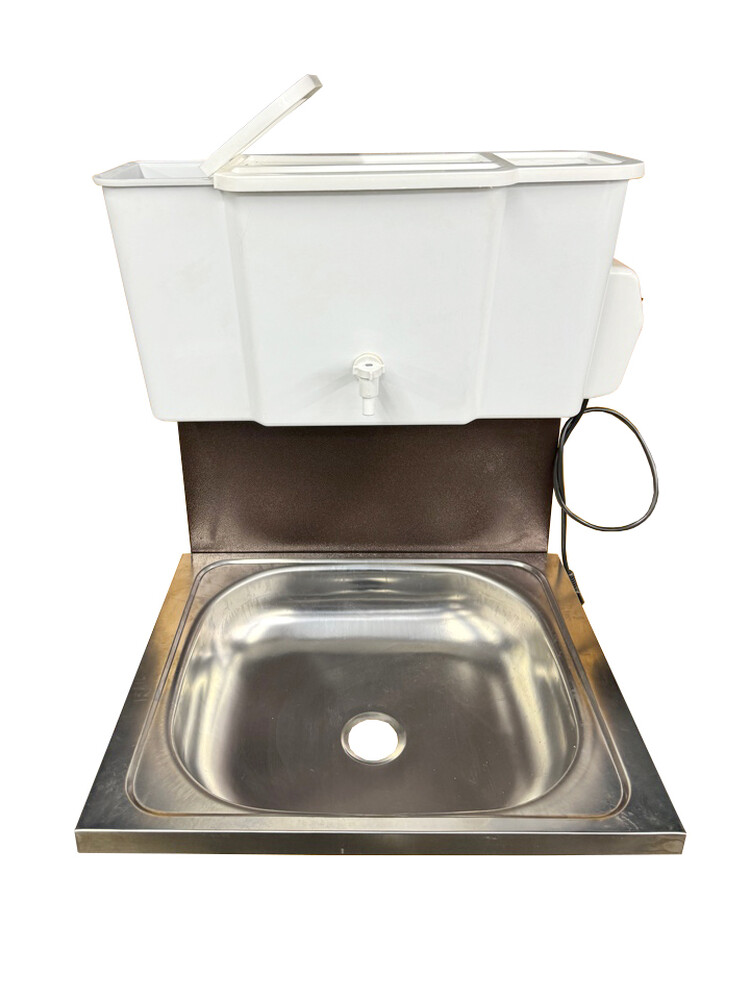 Умывальник навесной Водолей с ЭВН ПЛАСТ. БАЧОК (нерж. мойка 40*50,V-бака 17л.) 1,25кВт МЕДЬ, кран пластик (2 места)